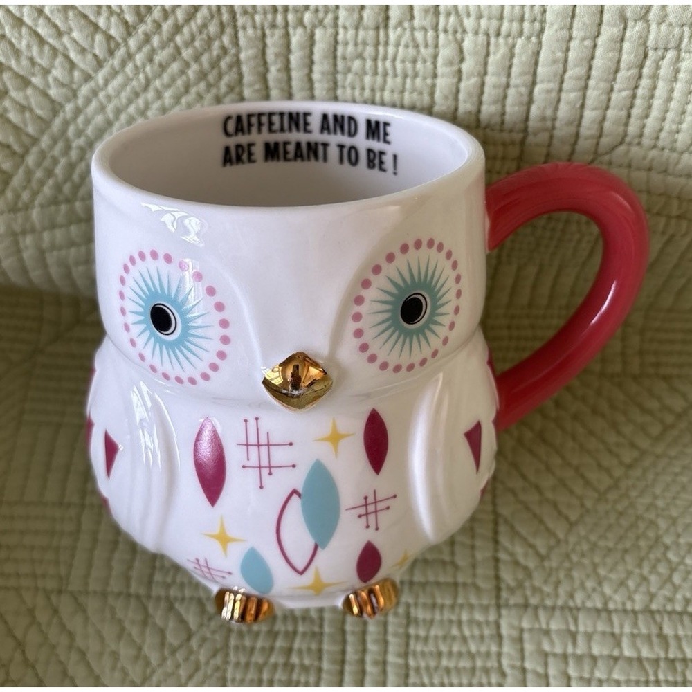 Cracker Barrel Large 3D Owl Coffee Mug Caffeine and Me..Pink Handle Gold Accents